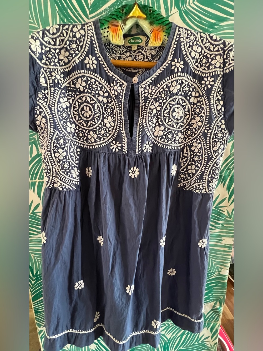 Dolma Ava Mini dress Navy Blue Embroidered Cotton Peasant Sz M
